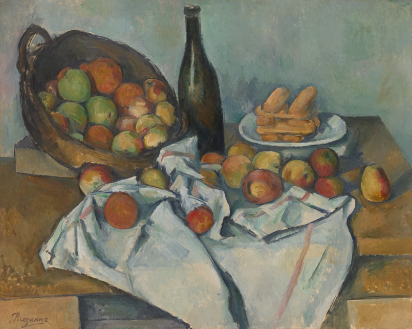 Painting of a basket of green and red-yellow apples spilling over into a white cloth placed on a wooden table, with a dark green bottle and a plate of pale biscuits behind.